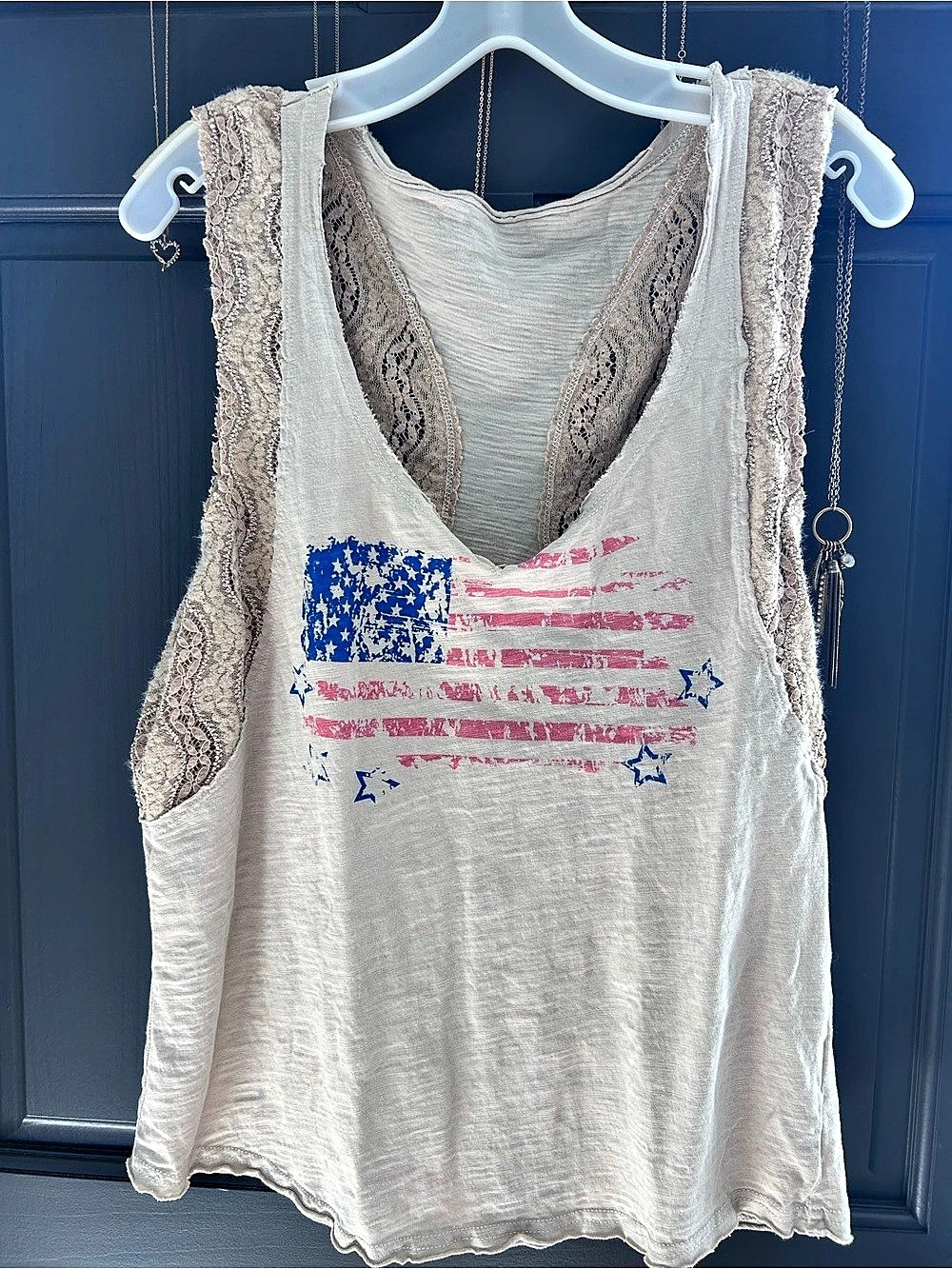 American Rag American Flag Heart Lace Racerback Tank Top